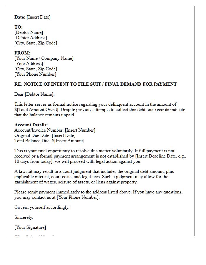 Unpaid Debt Collection Notice of Intent to File Suit Letter