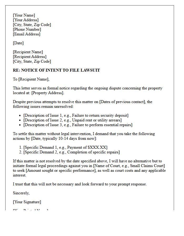 Landlord and Tenant Dispute Notice of Intent to File Suit Letter