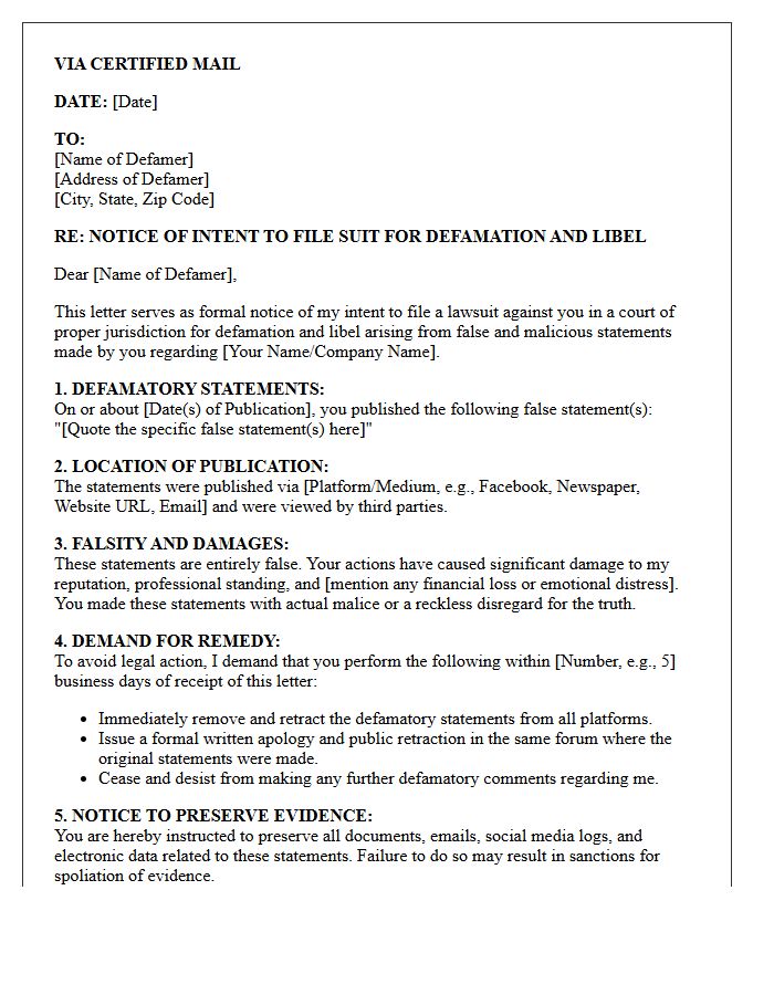 Defamation and Libel Notice of Intent to File Suit Letter