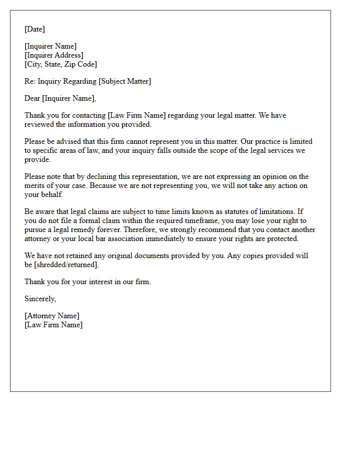 Unsolicited Inquiry Out of Practice Area Non-Engagement Letter