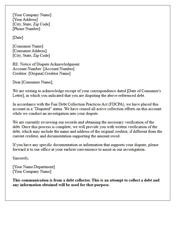FDCPA Debt Dispute Acknowledgment Letter