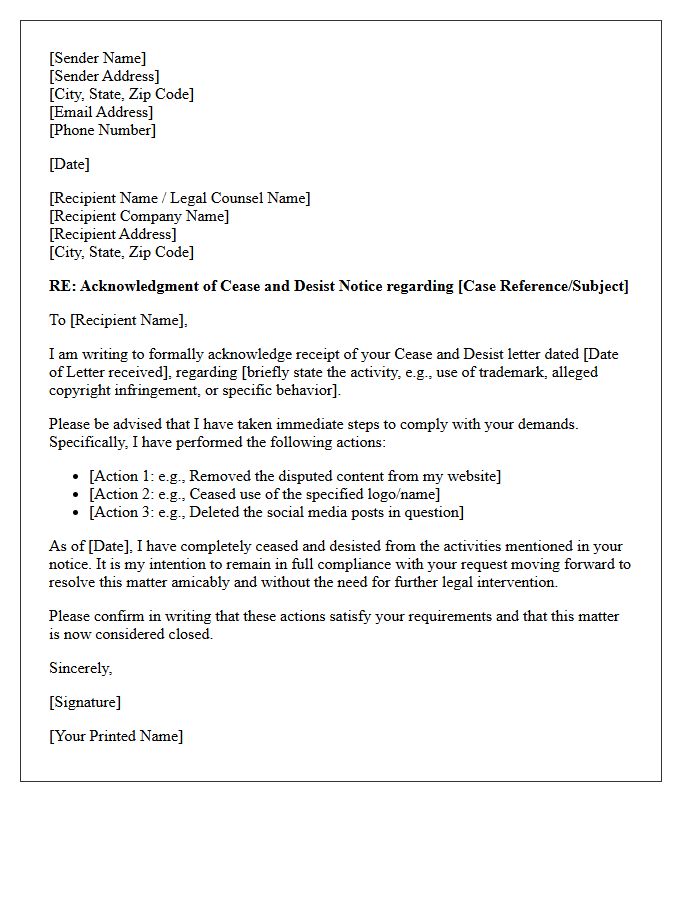 Cease And Desist Compliance Acknowledgment Letter