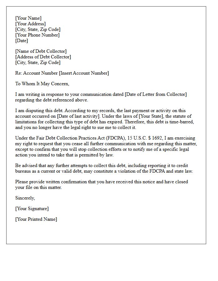 FDCPA Time Barred Debt Notification Letter