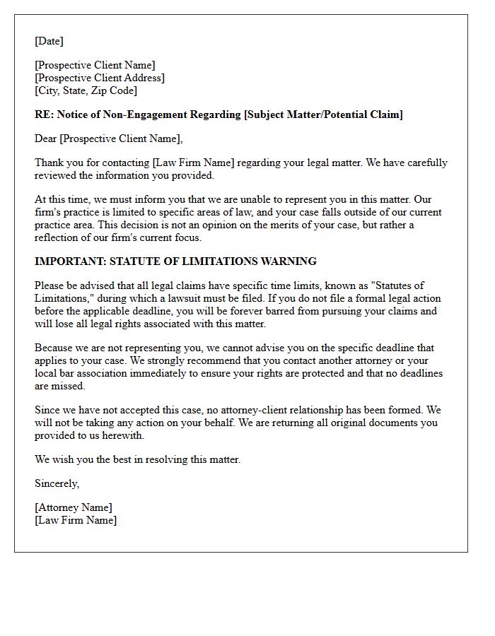 Out of Practice Area Non-Engagement Letter with Statute of Limitations Warning