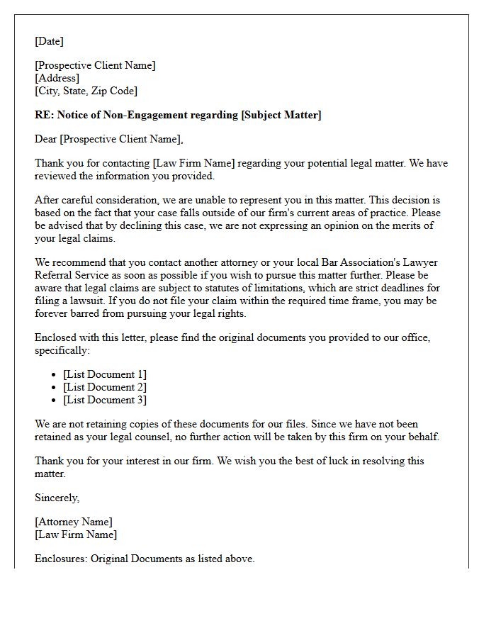 Out of Practice Area Non-Engagement Letter Enclosing Original Client Documents