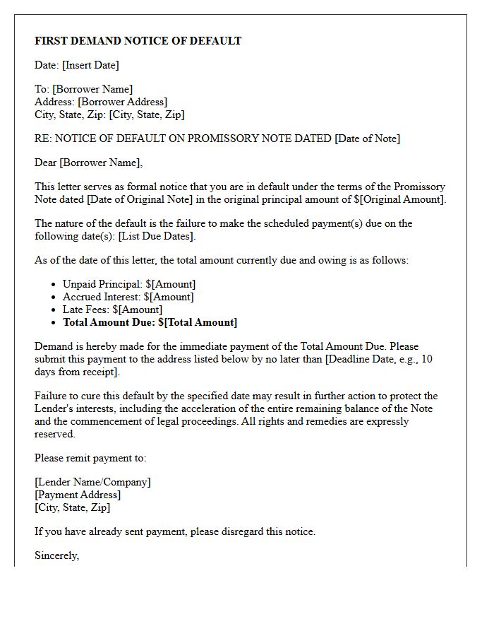 First Demand Notice of Default on Promissory Note Letter