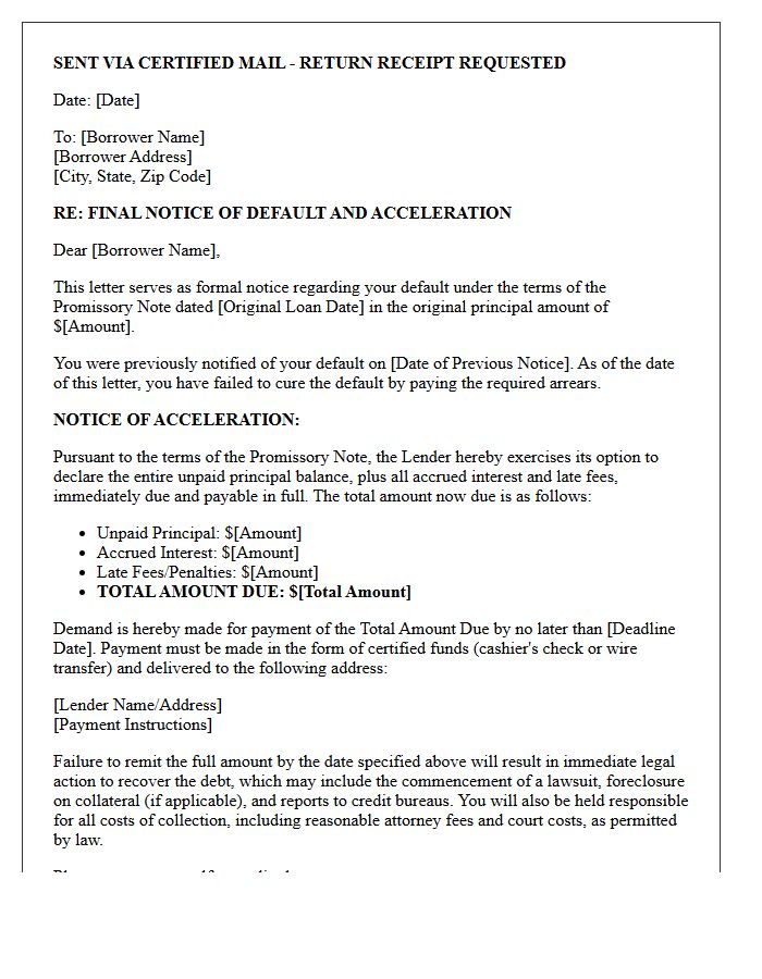 Final Notice of Default and Acceleration of Promissory Note Letter