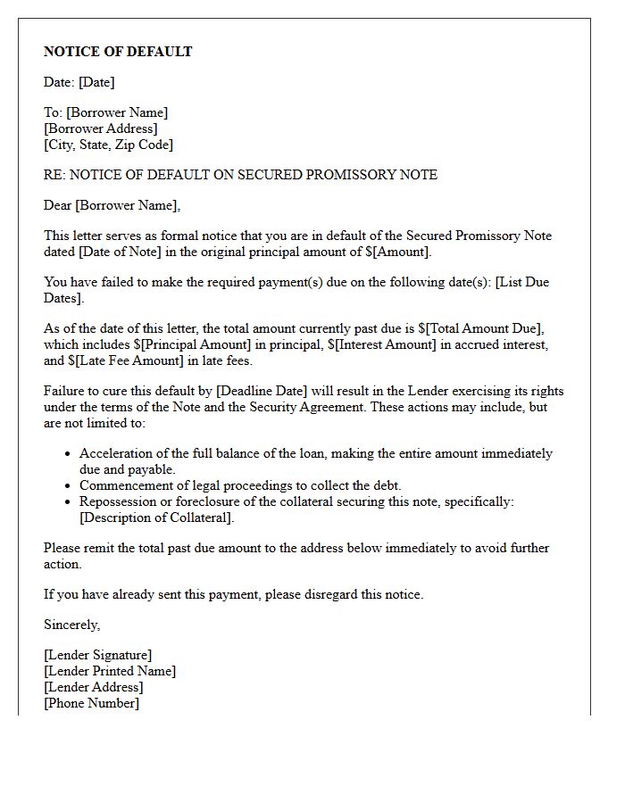 Notice of Default on Secured Promissory Note Letter