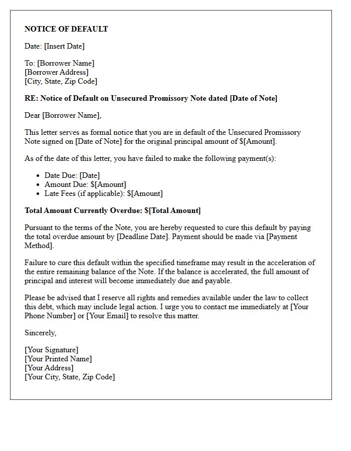 Notice of Default on Unsecured Promissory Note Letter