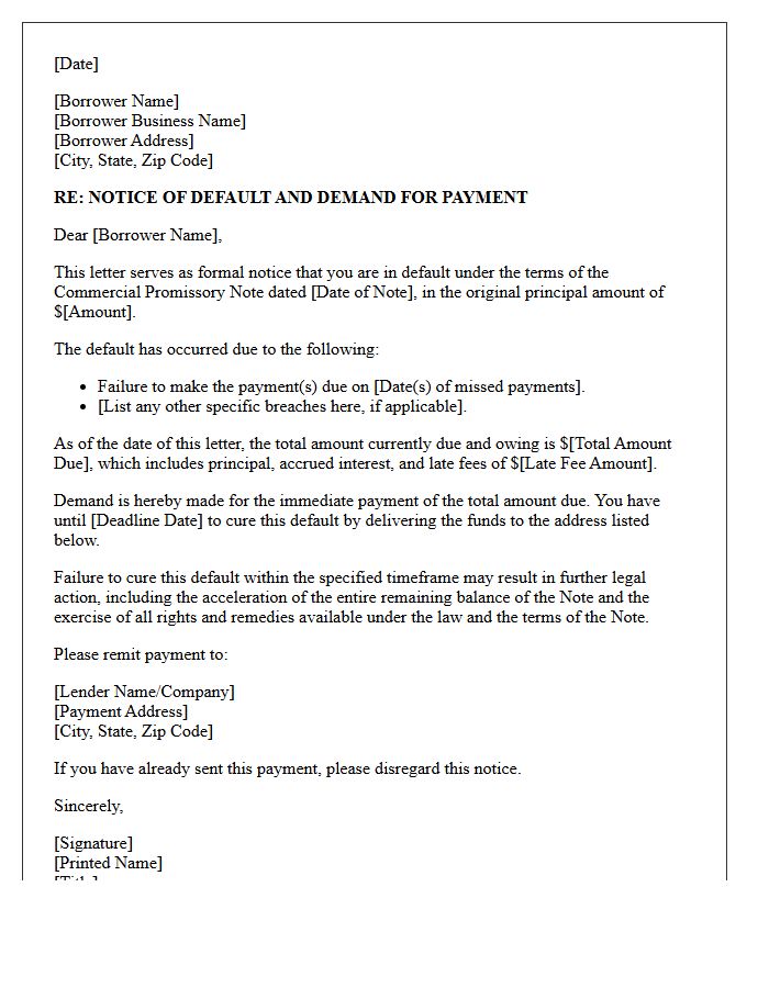 Notice of Default on Commercial Promissory Note Letter