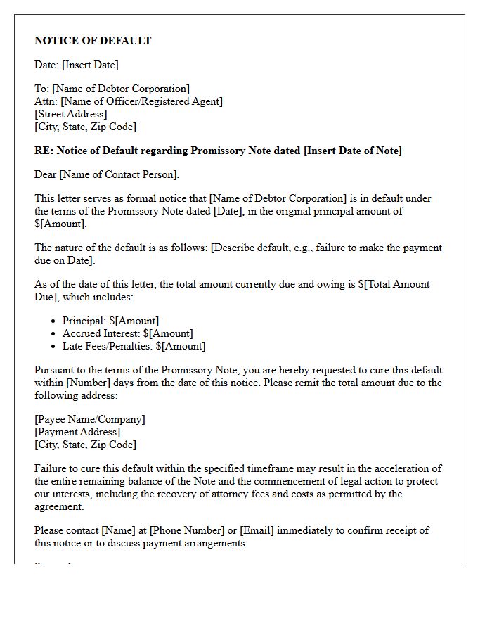 Notice of Default on Corporate Promissory Note Letter