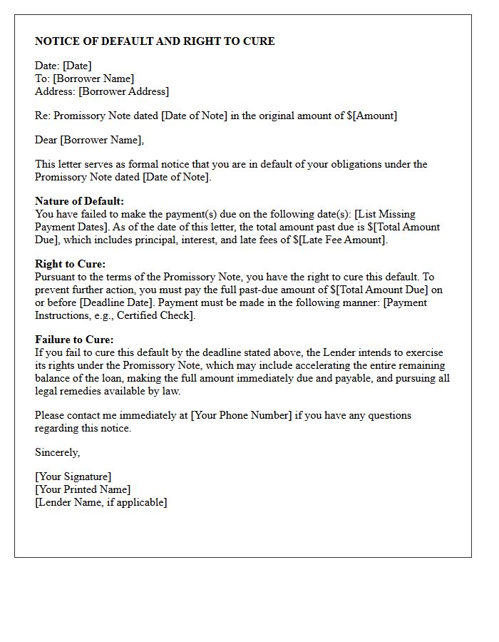 Notice of Default on Promissory Note with Right to Cure Letter