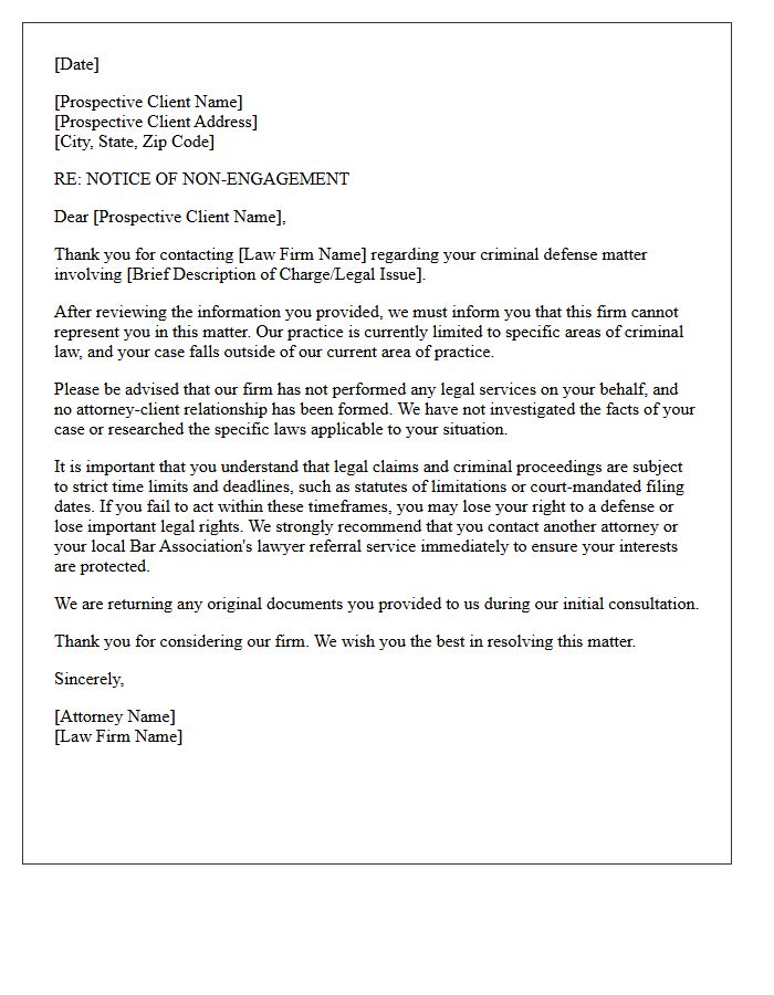 Criminal Defense Out of Practice Area Non-Engagement Letter