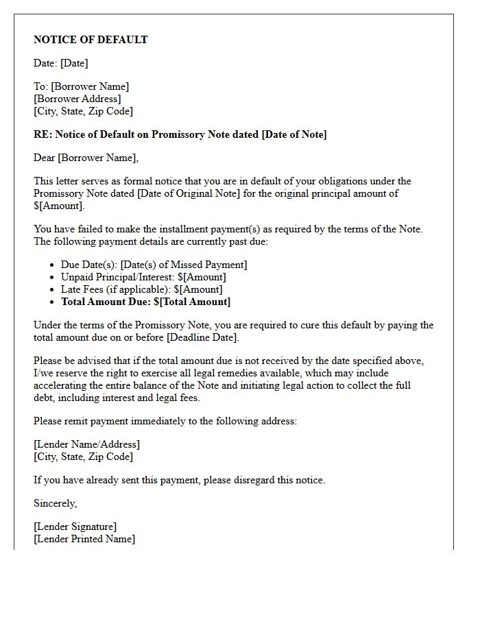 Notice of Default on Promissory Note for Missed Installment Letter