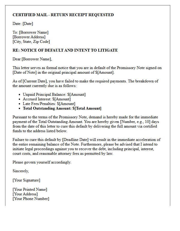 Notice of Default on Promissory Note and Intent to Litigate Letter