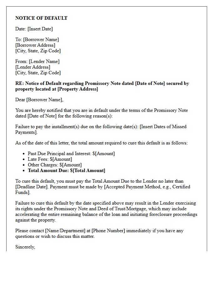 Notice of Default on Real Estate Promissory Note Letter
