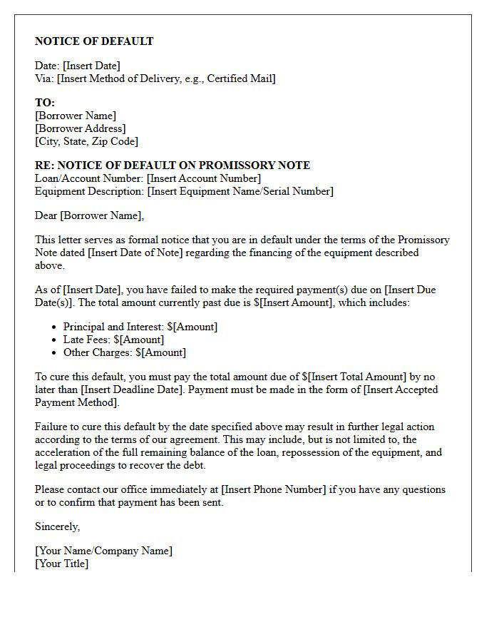 Notice of Default on Equipment Financing Promissory Note Letter