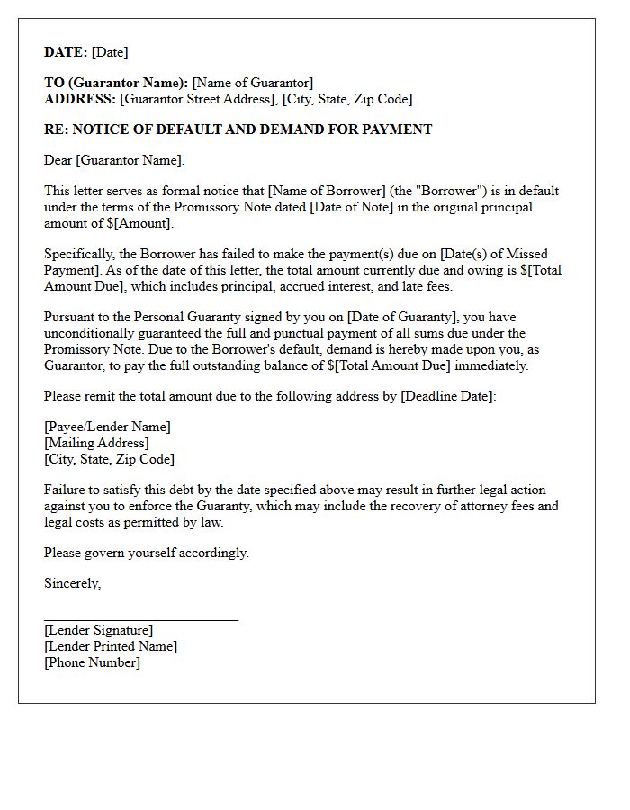Notice of Default on Promissory Note Guarantor Demand Letter
