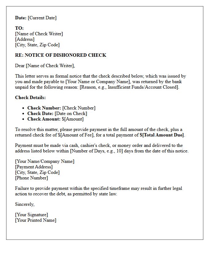 First Notice Dishonored Check Payment Demand Letter