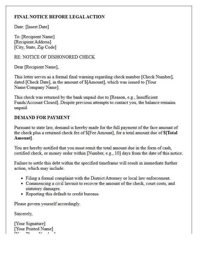 Final Warning Dishonored Check Payment Demand Letter