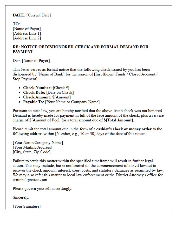 Pre-Litigation Dishonored Check Payment Demand Letter