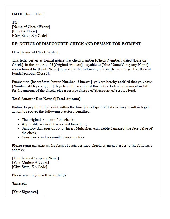 Statutory Penalty Dishonored Check Payment Demand Letter