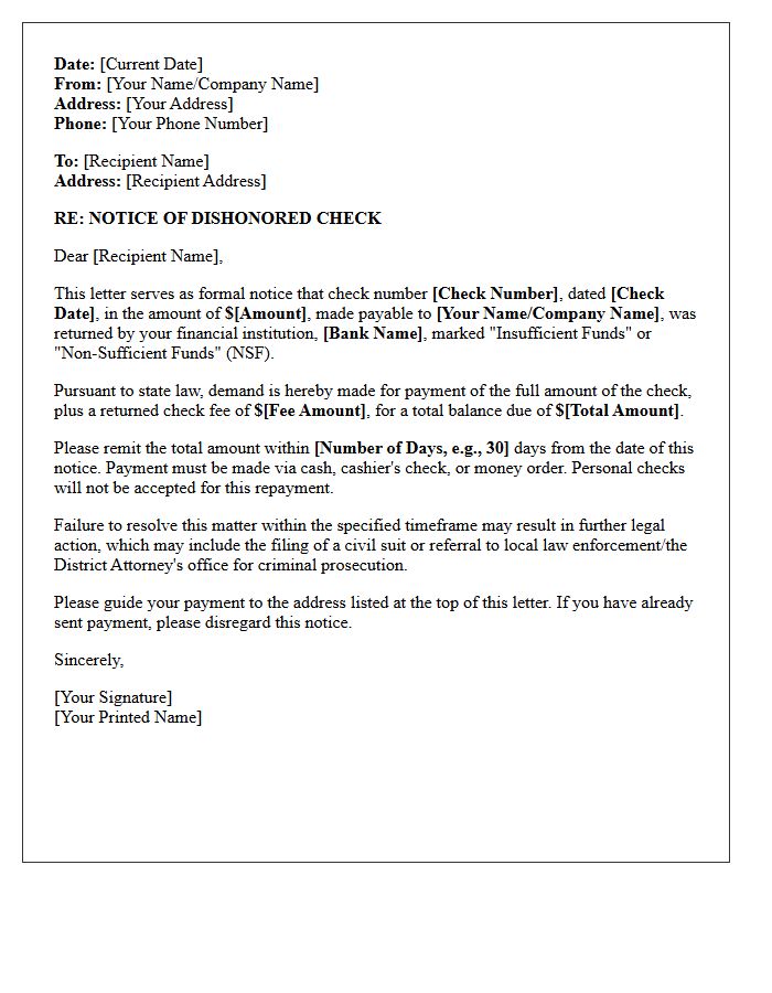 Insufficient Funds Dishonored Check Payment Demand Letter