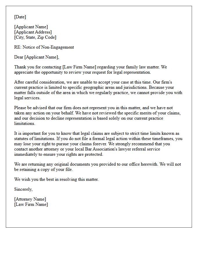 Family Law Out of Practice Area Non-Engagement Letter