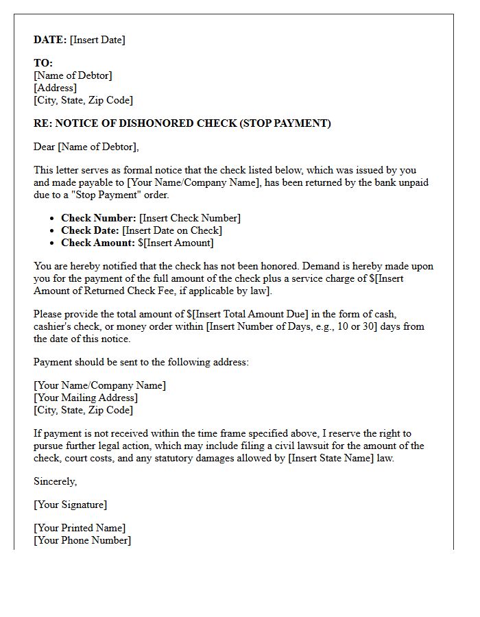 Stop Payment Dishonored Check Payment Demand Letter