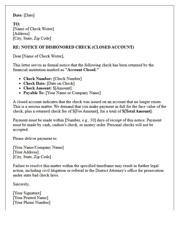Closed Account Dishonored Check Payment Demand Letter