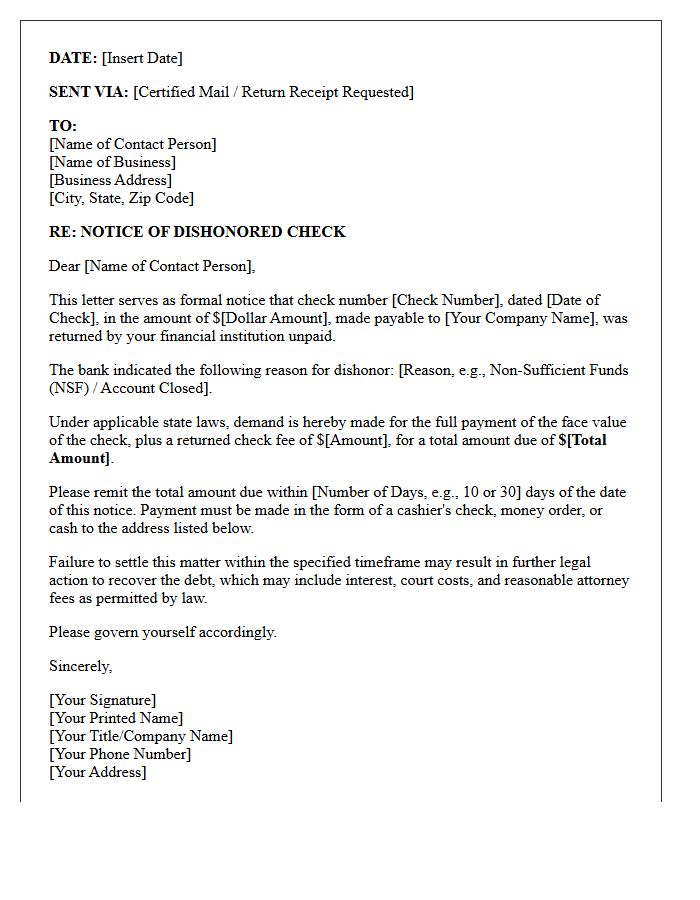 Commercial Transaction Dishonored Check Payment Demand Letter