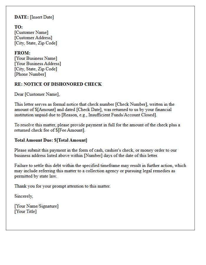 Consumer Retail Dishonored Check Payment Demand Letter