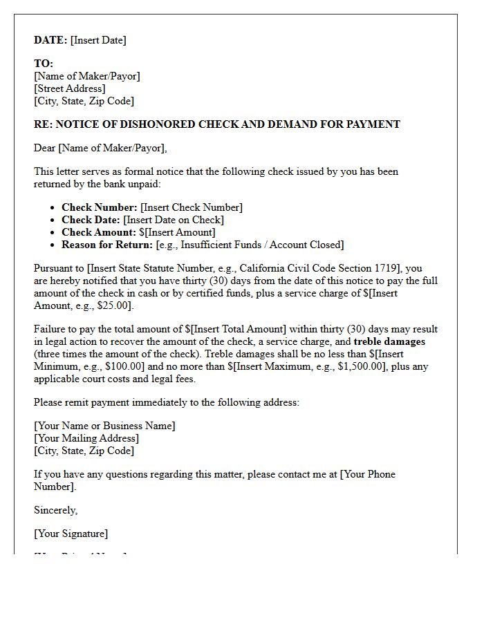 Treble Damages Dishonored Check Payment Demand Letter