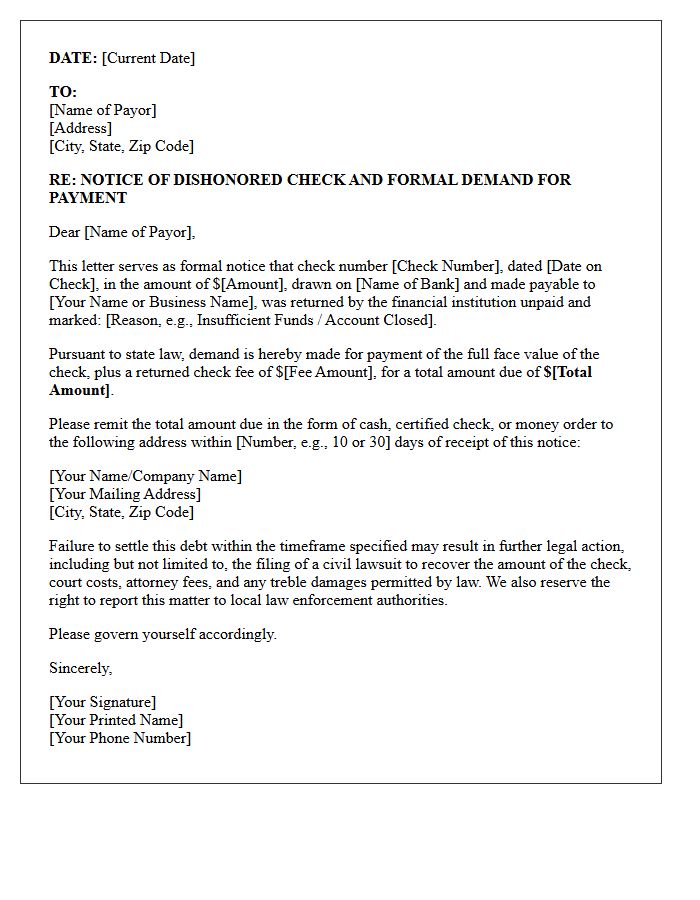 Formal Legal Dishonored Check Payment Demand Letter