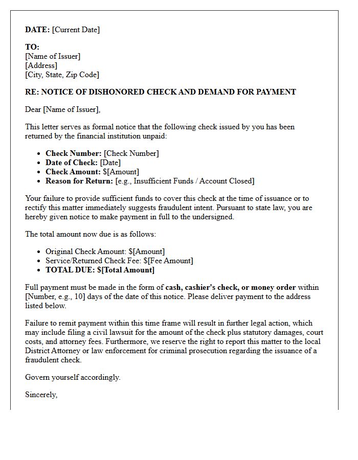Fraudulent Intent Dishonored Check Payment Demand Letter