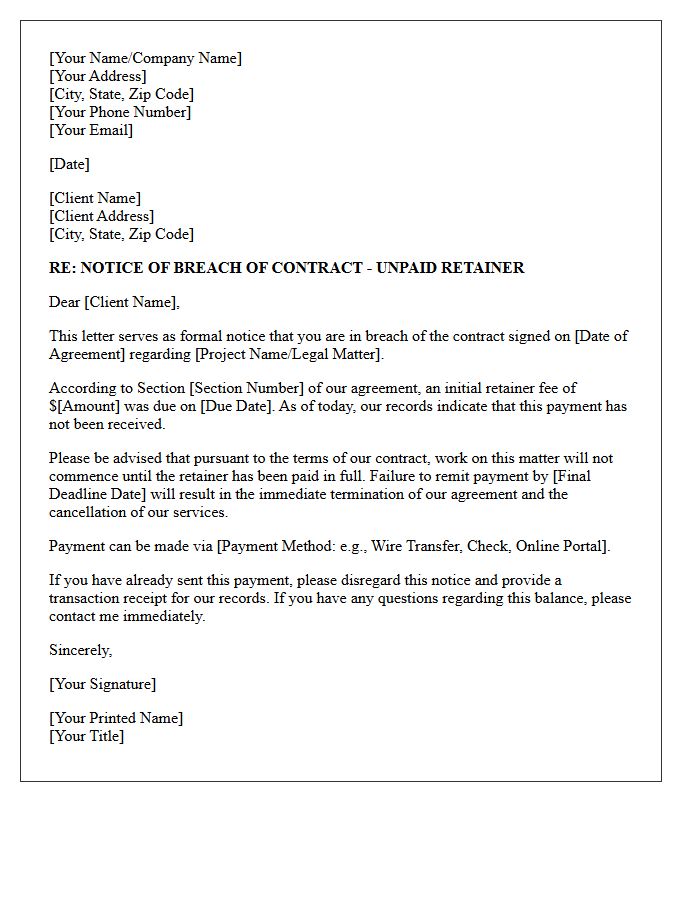 Initial Retainer Breach Of Contract Non-Payment Letter