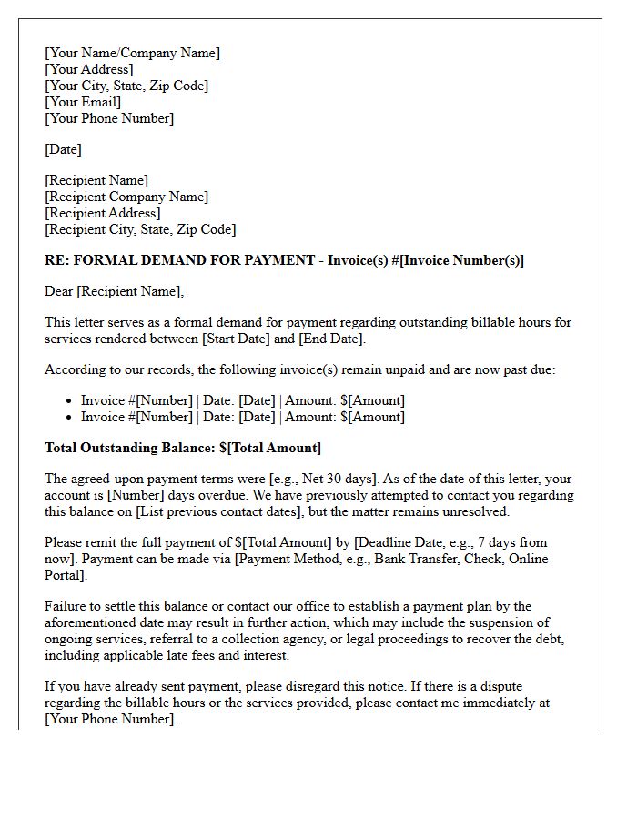 Outstanding Billable Hours Non-Payment Demand Letter