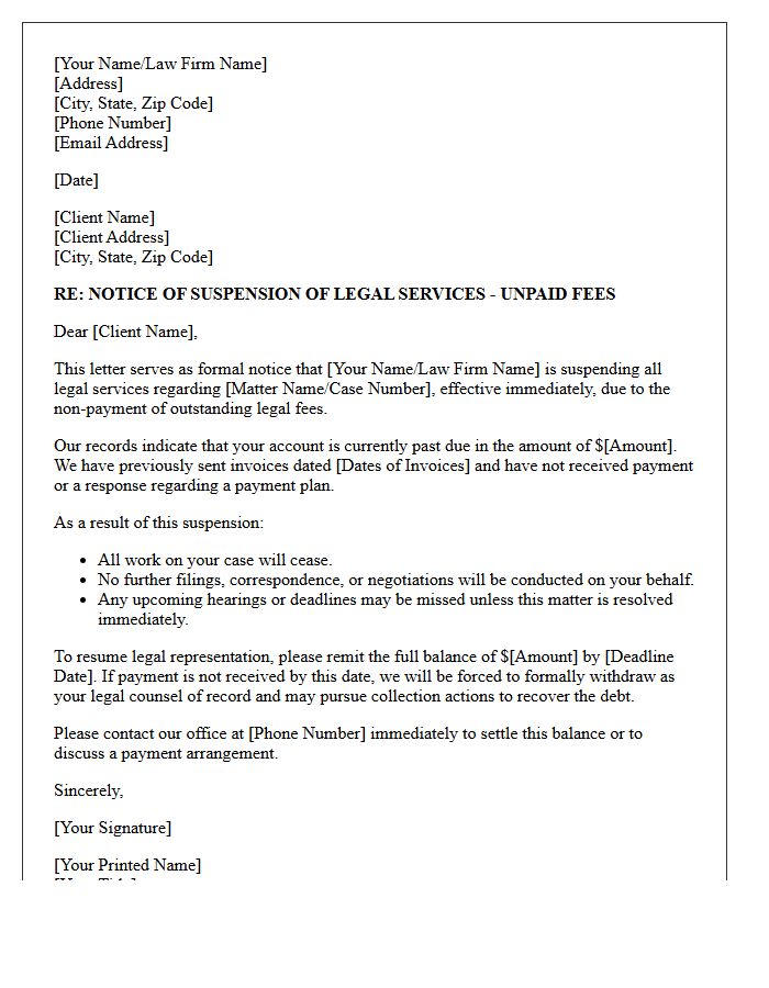 Suspension Of Legal Services Non-Payment Notice Letter
