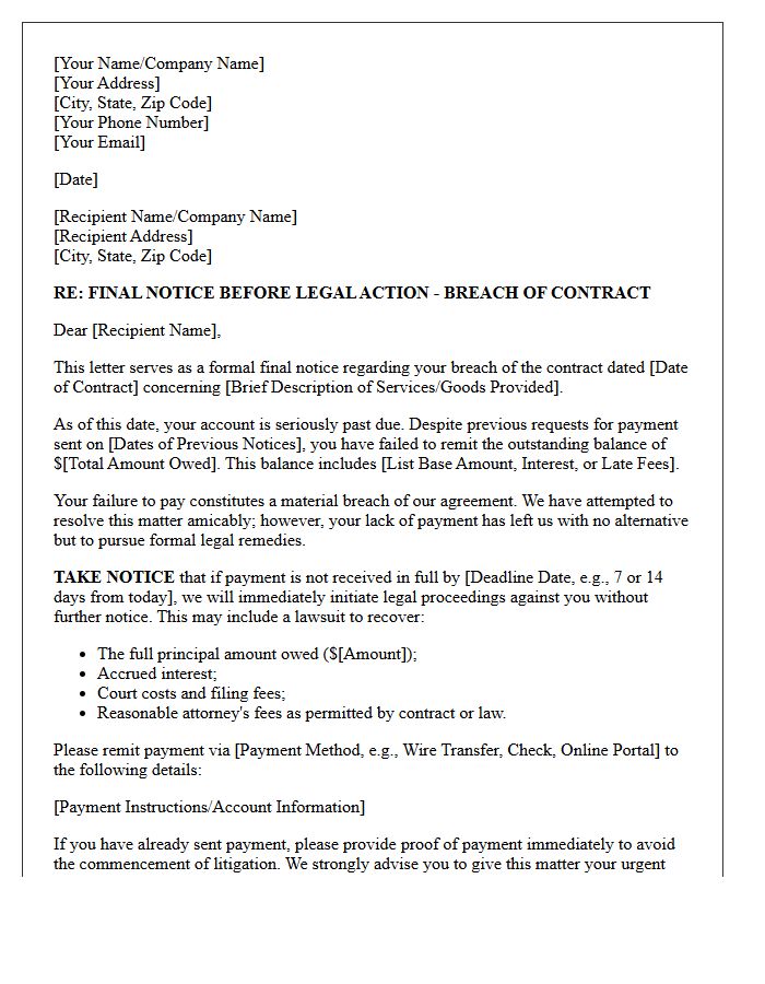 Final Pre-Litigation Breach Of Contract Non-Payment Letter