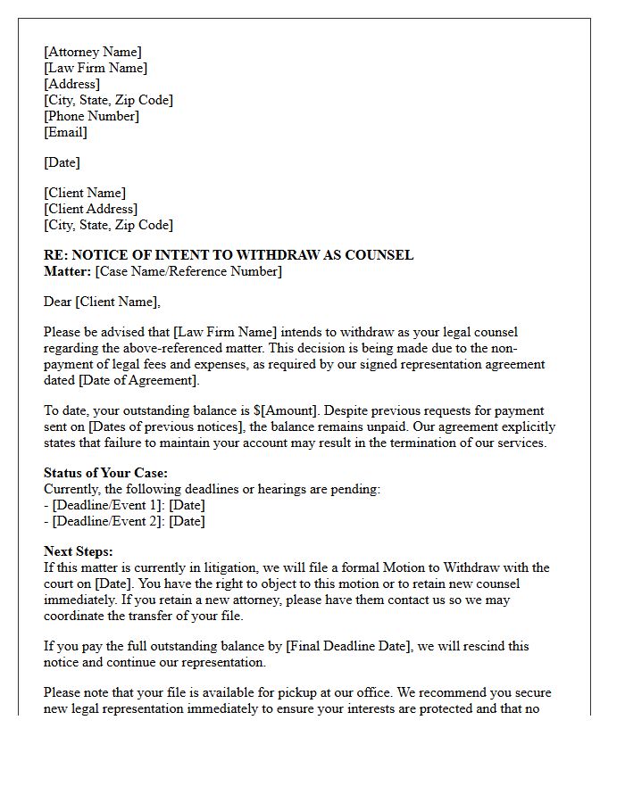 Withdrawal As Counsel Due To Non-Payment Notice Letter