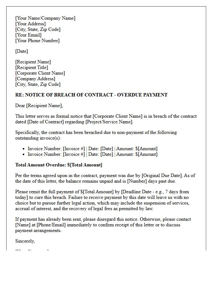 Corporate Client Breach Of Contract Non-Payment Letter