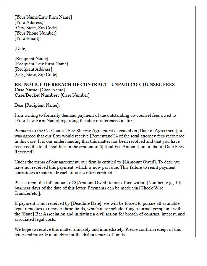 Co-Counsel Fee Sharing Breach Of Contract Non-Payment Letter