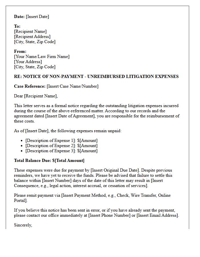 Unreimbursed Litigation Expenses Non-Payment Notice Letter
