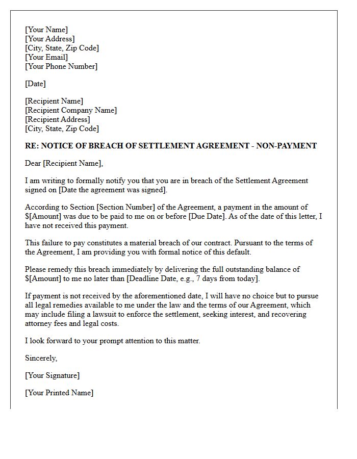 Settlement Agreement Breach Of Contract Non-Payment Letter