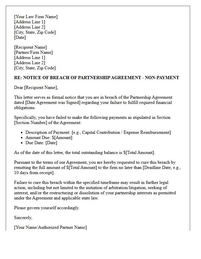 Law Firm Partnership Breach Of Contract Non-Payment Letter