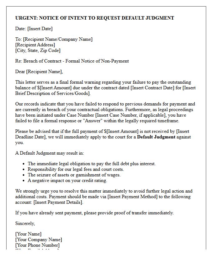 Default Judgment Warning Breach Of Contract Non-Payment Letter