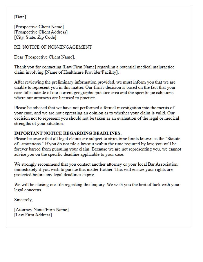 Medical Malpractice Out of Practice Area Non-Engagement Letter