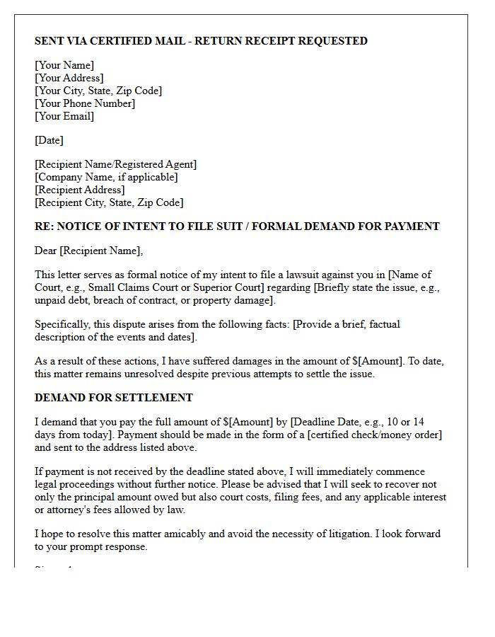 Notice of Intent to File Suit Demand Letter