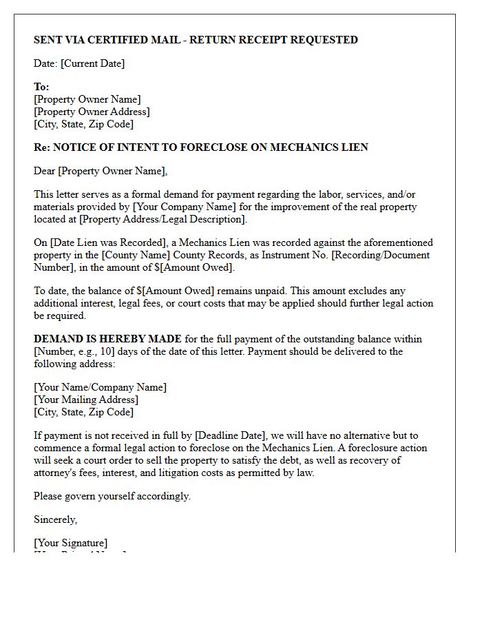 Mechanics Lien Foreclosure Demand Letter