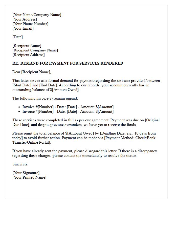 Services Rendered Unpaid Balance Demand Letter